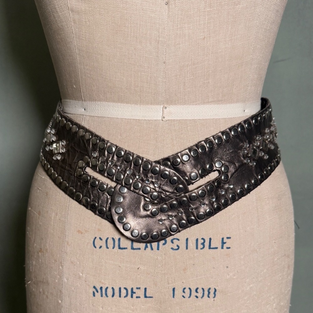 Vintage Metallic Pewter Leather Studded Rhinestone Wide Waist Belt Silver Studs